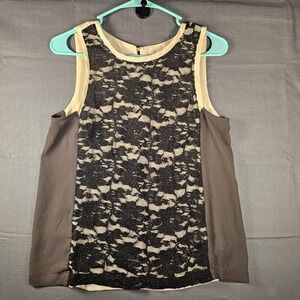 Chloe K Womens Sleeveless Lace Front Blouse Cream Brown Black Floral Top Small